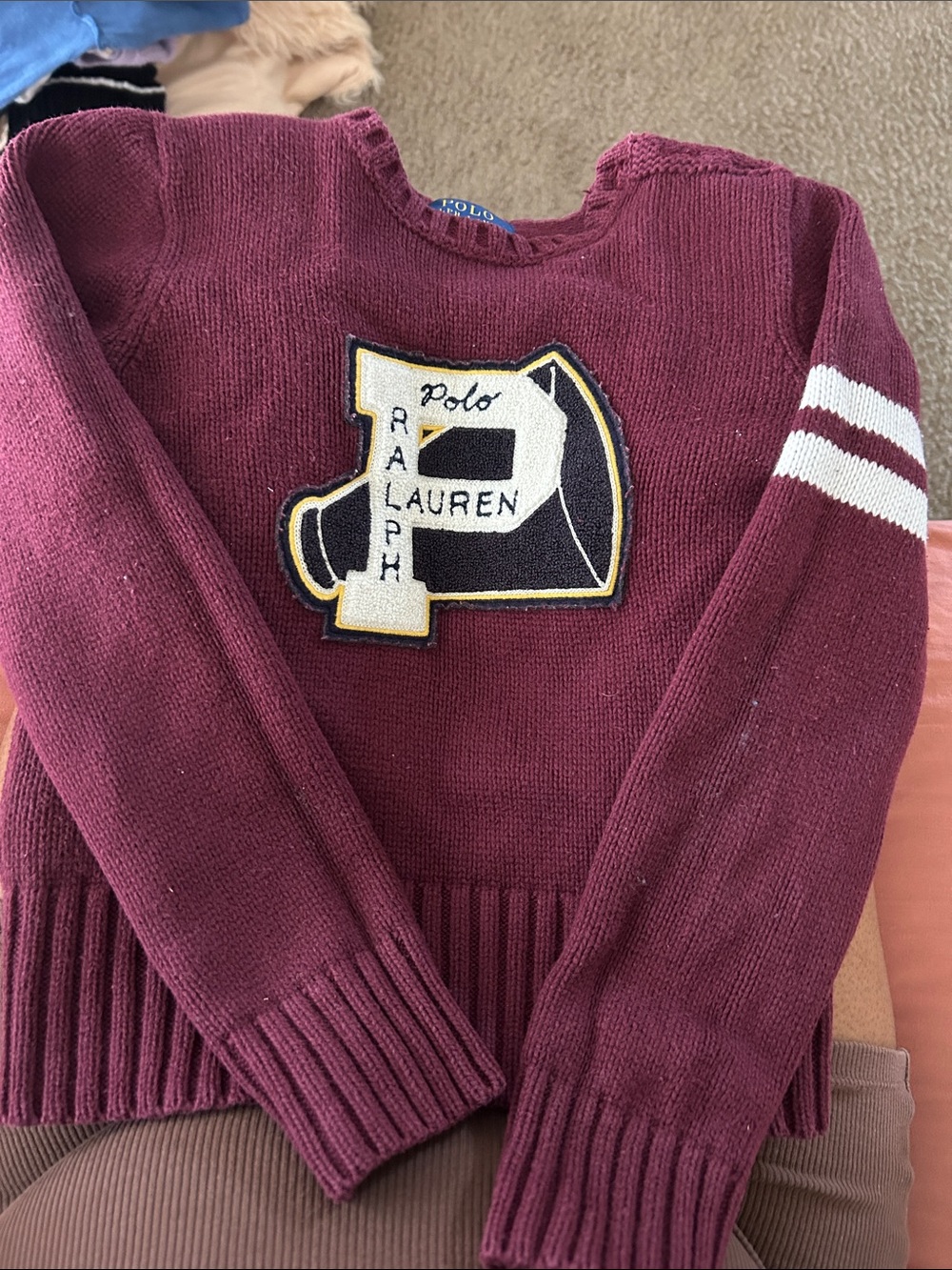 Polo by Ralph Lauren Maroon Crewneck Sweater with Varsity Patch